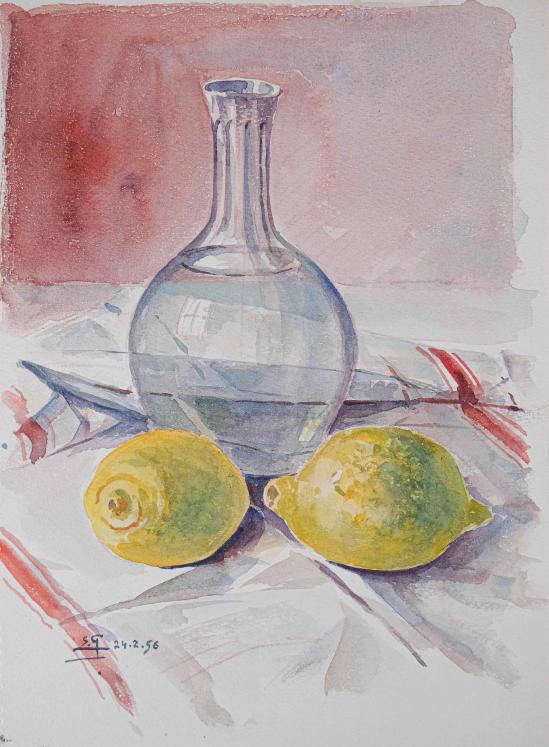 Etienne GAUDET - Peinture originale - Aquarelle - Nature morte les citrons