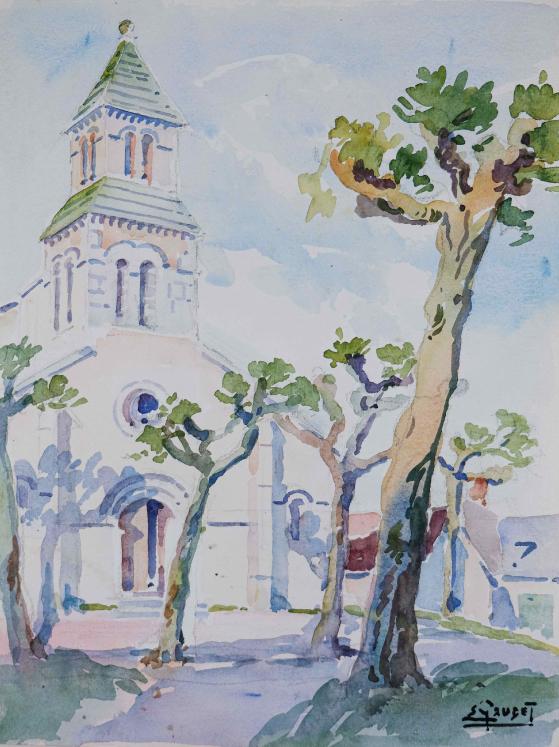 Etienne GAUDET - Peinture originale - Aquarelle - Eglise