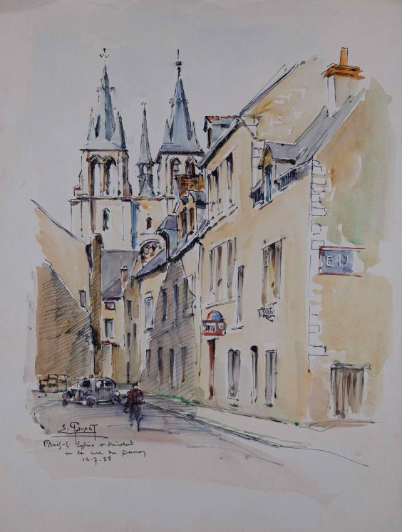 Etienne GAUDET - Peinture originale - Aquarelle - Blois, l'Eglise St Nicolas