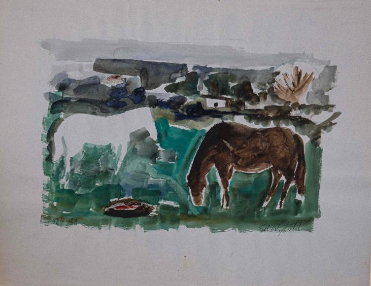 Edouard RIGHETTI - Peinture originale - Aquarelle -  Les chevaux de l'Herault