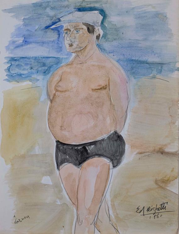 Edouard RIGHETTI - Peinture originale - Aquarelle - Sur la plage Carnon