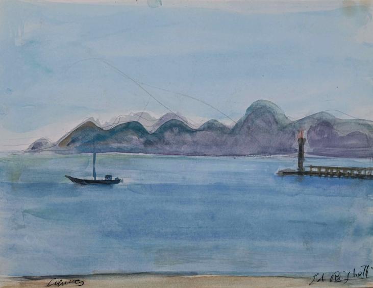 Edouard RIGHETTI - Peinture originale - Aquarelle - Bateau sur l'eau
