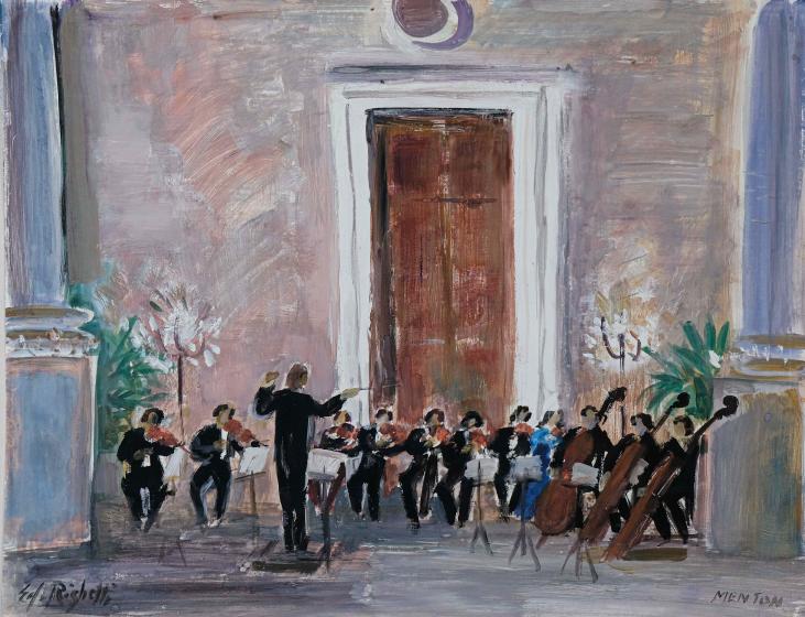 Edouard RIGHETTI - Peinture originale - Aquarelle gouachée -  L'orchestre, Festival de Menton