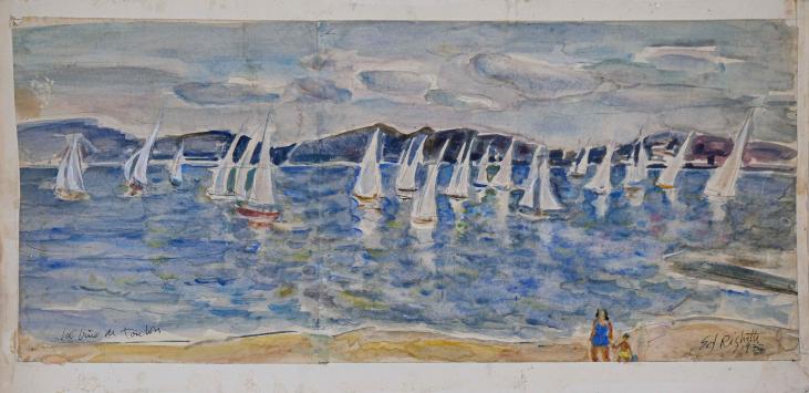 Edouard RIGHETTI - Peinture originale - Aquarelle gouachée -  Le trio de Toulon