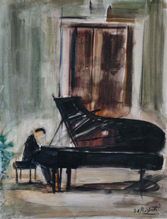 Edouard RIGHETTI - Peinture originale - Aquarelle - Le pianiste au Festival de Menton