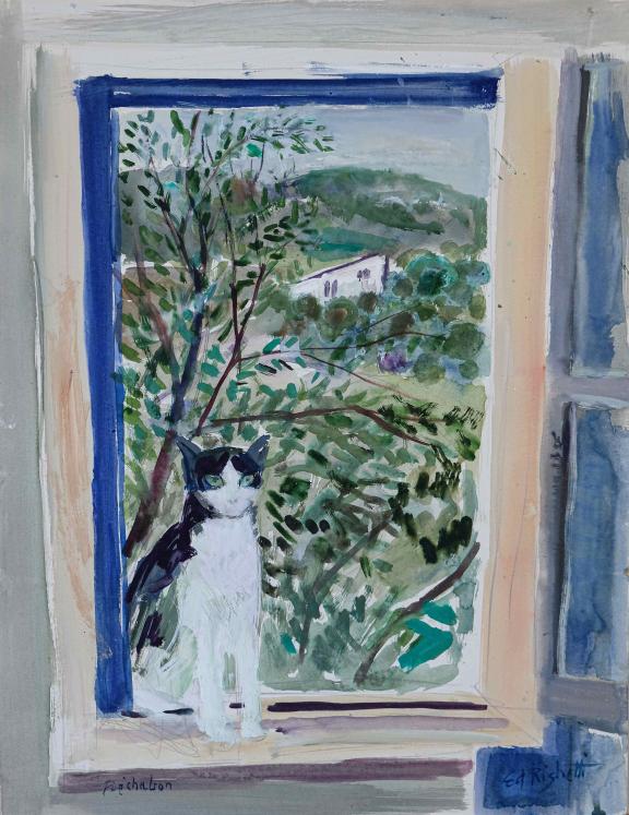 Edouard RIGHETTI - Peinture originale - Aquarelle Gouachée - Le chat à Puechabon