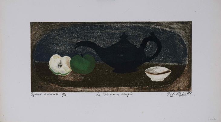 Edouard RIGHETTI - Estampe originale - Eau-forte - Nature morte pomme à coupée