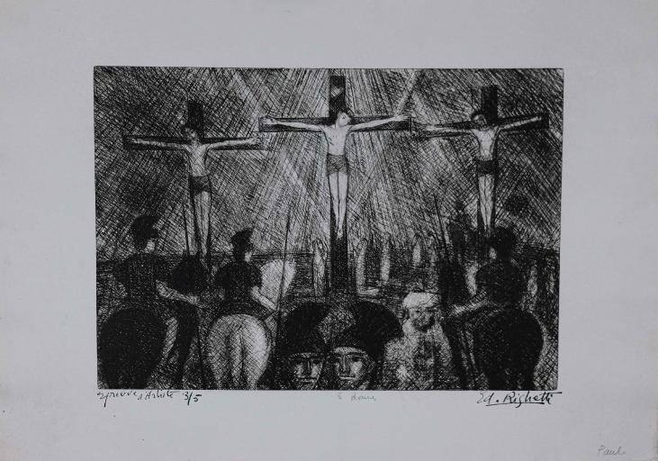 Edouard RIGHETTI - Estampe originale - Eau-forte - Les 3 crucifiés, 1
