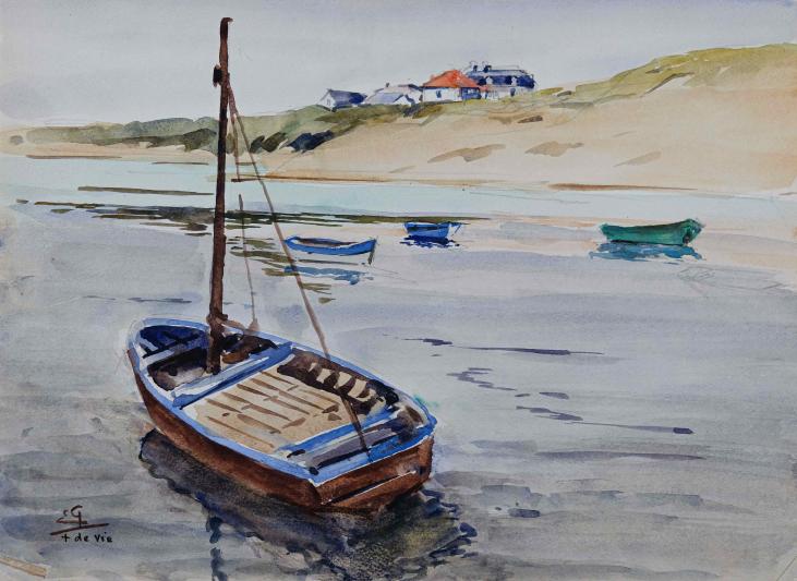 Etienne GAUDET - Peinture originale - Aquarelle - Petits bateaux à St Croix de vie