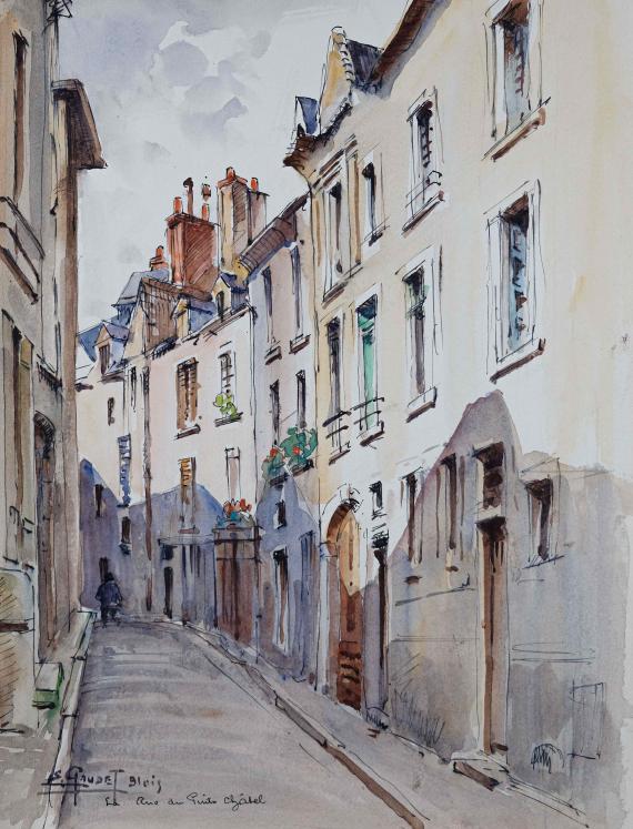 Etienne GAUDET - Peinture originale - Aquarelle - Blois, Rue Puits-Chatel 5