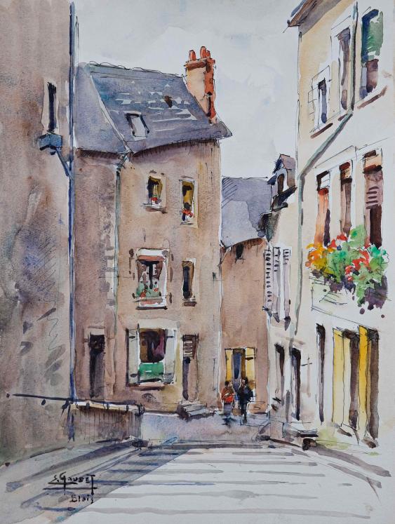 Etienne GAUDET - Peinture originale - Aquarelle - Blois, Degrés Saint Louis