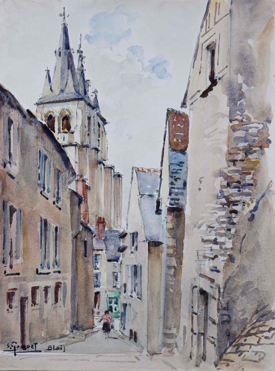 Etienne GAUDET - Peinture originale - Aquarelle - Blois, Eglise Saint Nicolas
