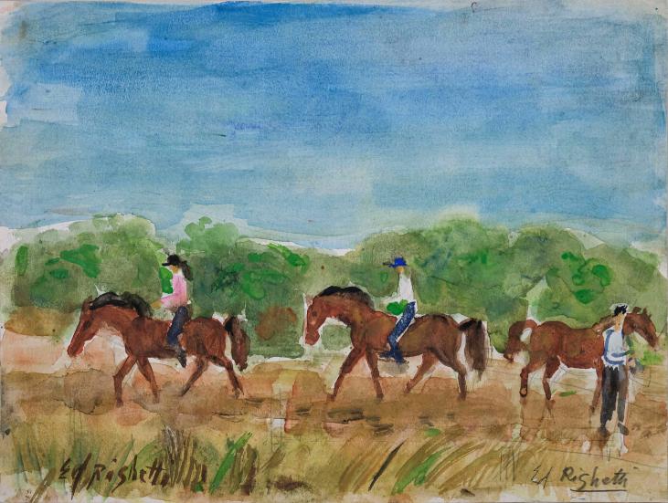 Edouard RIGHETTI - Peinture originale - Gouache - Équitation dans l'Hérault
