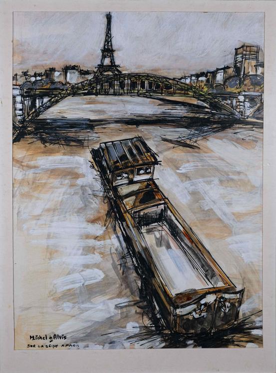 Michel DE ALVIS - Peinture Originale - Gouache - Sur la Seine à Paris