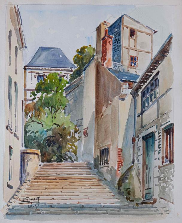 Etienne GAUDET - Peinture originale - Aquarelle - Blois 47