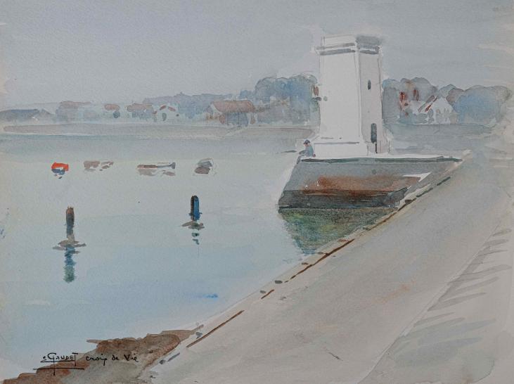 Etienne GAUDET - Peinture originale - Aquarelle - Croix-de-vie sous la brume