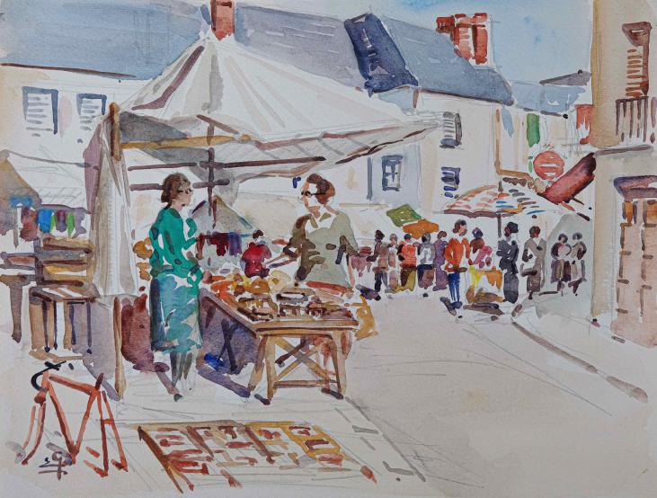 Etienne GAUDET - Peinture originale - Aquarelle - Marché à Saint-Gilles-Croix-de-Vie