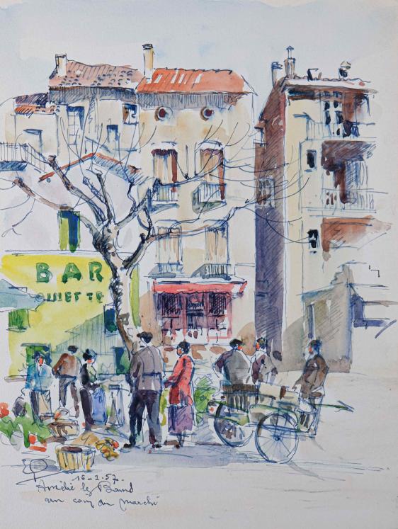 Etienne GAUDET - Peinture originale - Aquarelle - Marché à Amélie-les-Bains