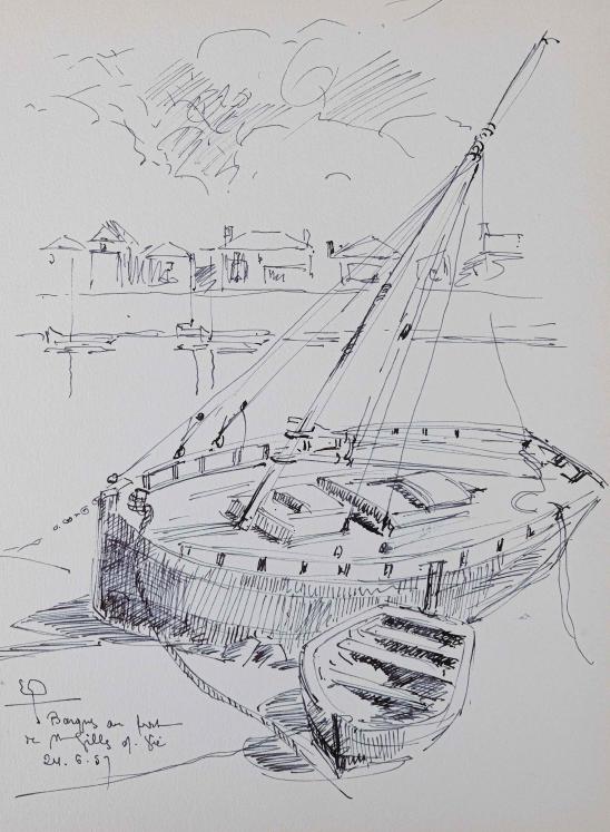 Etienne GAUDET - Dessin original - Encre - Barques au port de Saint Gilles