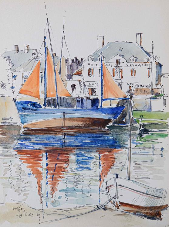 Etienne GAUDET - Peinture originale - Aquarelle - Bateaux à St Croix-de-Vie