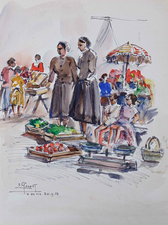 Etienne GAUDET - Peinture originale - Aquarelle - Marché Saint-Gilles-Croix-de-Vie