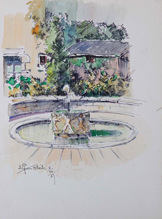 Etienne GAUDET - Peinture originale - Aquarelle et encre - Fontaines à Blois