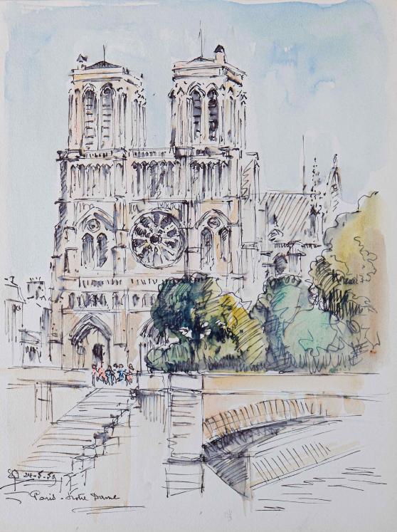 Etienne GAUDET - Peinture originale - Aquarelle et Encre - Notre Dame de Paris