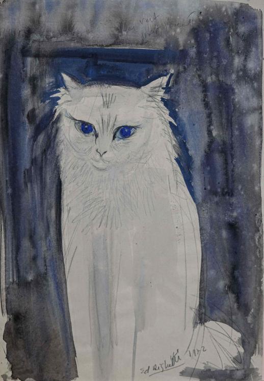 Edouard RIGHETTI - Peinture originale - Aquarelle  Le chat Blanc