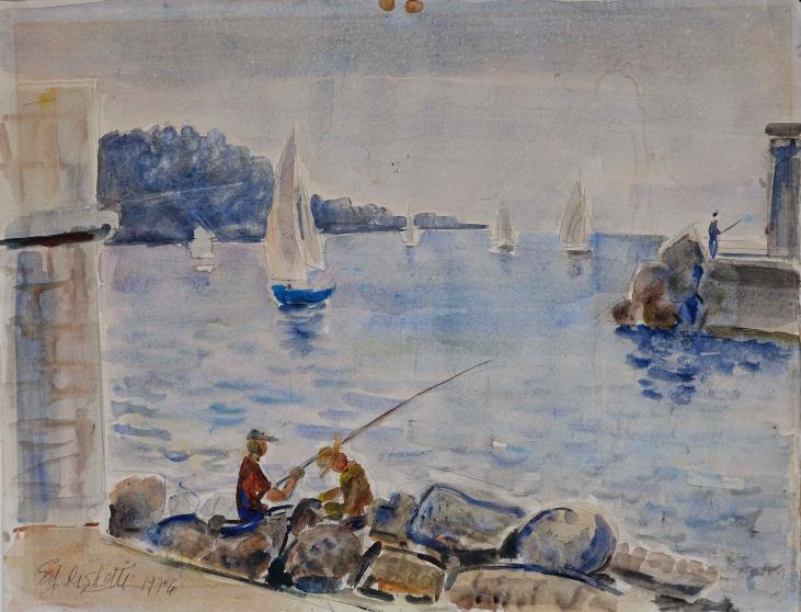 Edouard RIGHETTI - Peinture originale - Aquarelle -  Port de Menton