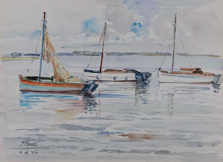 Etienne GAUDET - Peinture originale - Aquarelle - Bateaux à Croix de vie