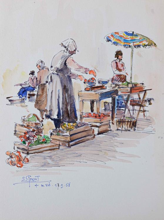 Etienne GAUDET - Peinture originale - Aquarelle Encrée - Marché de St Croix de vie
