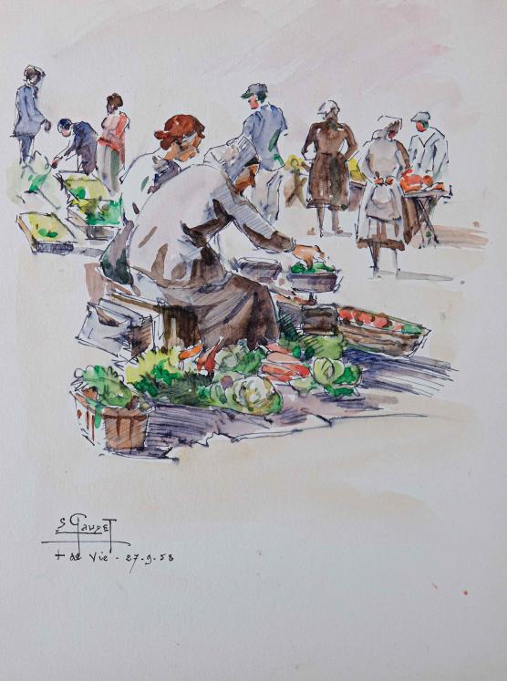 Etienne GAUDET - Peinture originale - Aquarelle Encrée - Marché de St Croix de vie