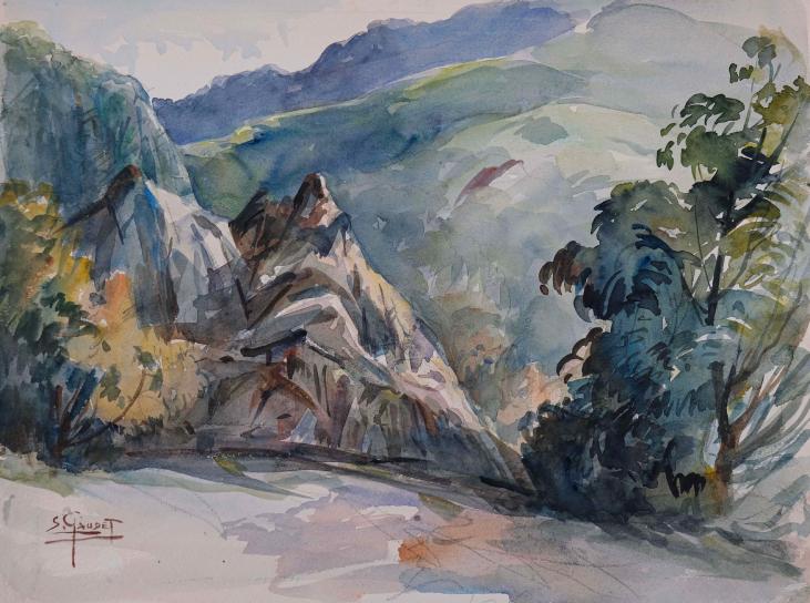 Etienne GAUDET - Peinture originale - Aquarelle - Sur la route de Monbolo