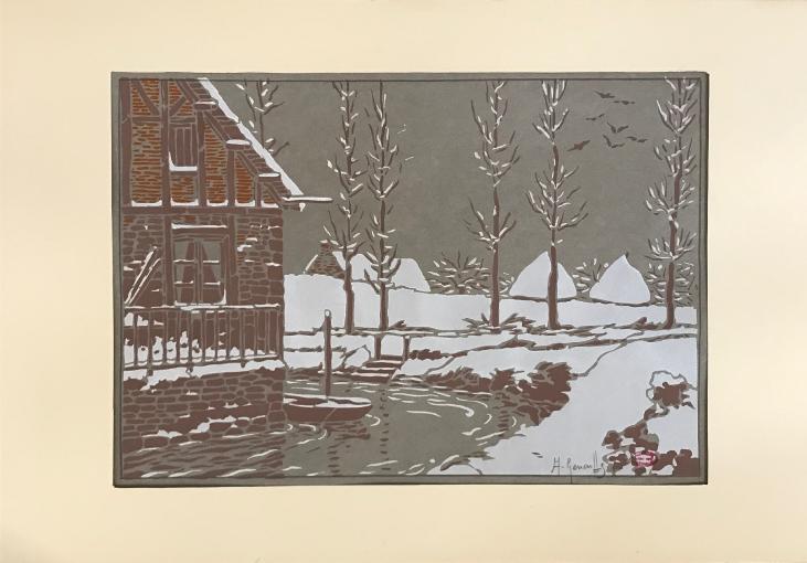 Alexandre Genaille - Estampe originale - Pochoir - Normandie sous la neige 1