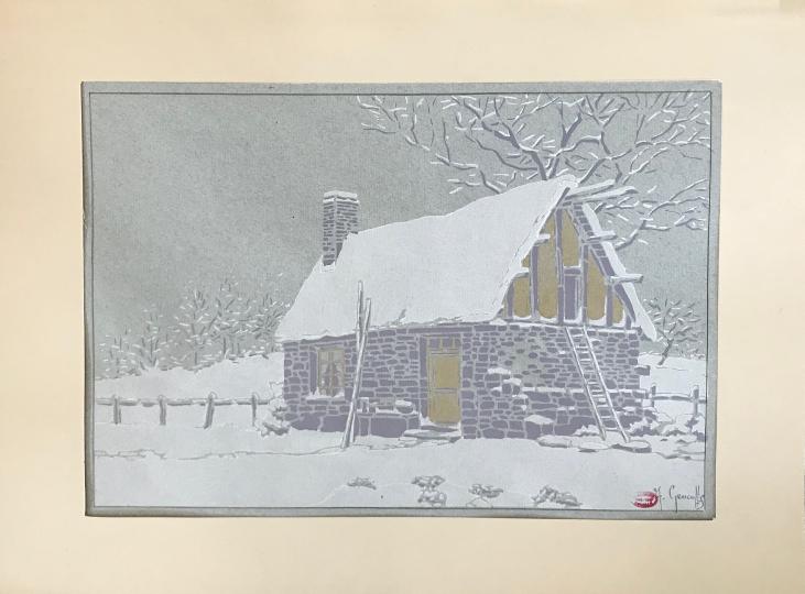 Alexandre Genaille - Estampe originale - Pochoir - Chaumière Normande sous la neige 1