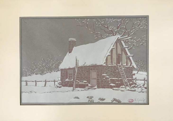 Alexandre Genaille - Estampe originale - Porchoir - Chaumière Normande sous la neige 2