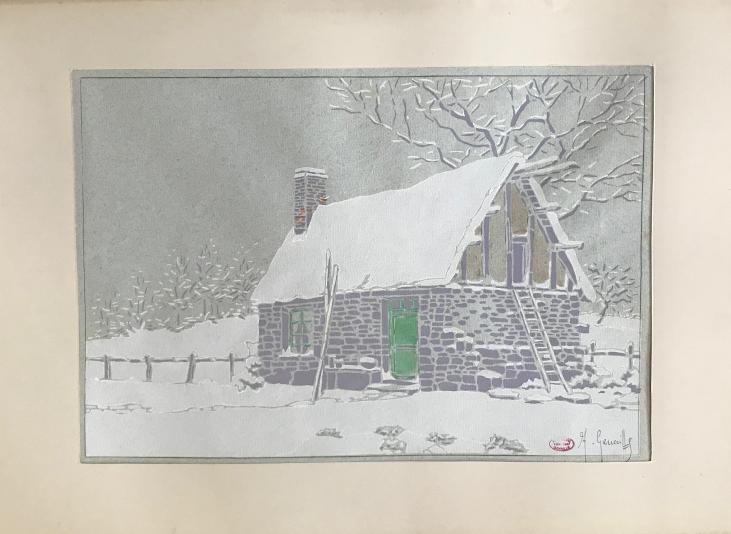 Alexandre Genaille - Estampe originale - Pochoir - Chaumière Normande sous la neige 5