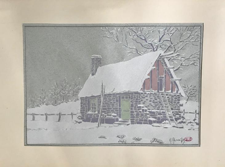 Alexandre Genaille - Estampe originale - Pochoir - Chaumière Normande sous la neige 6