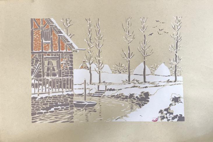 Alexandre Genaille - Estampe originale - Pochoir - Normandie sous la neige 3