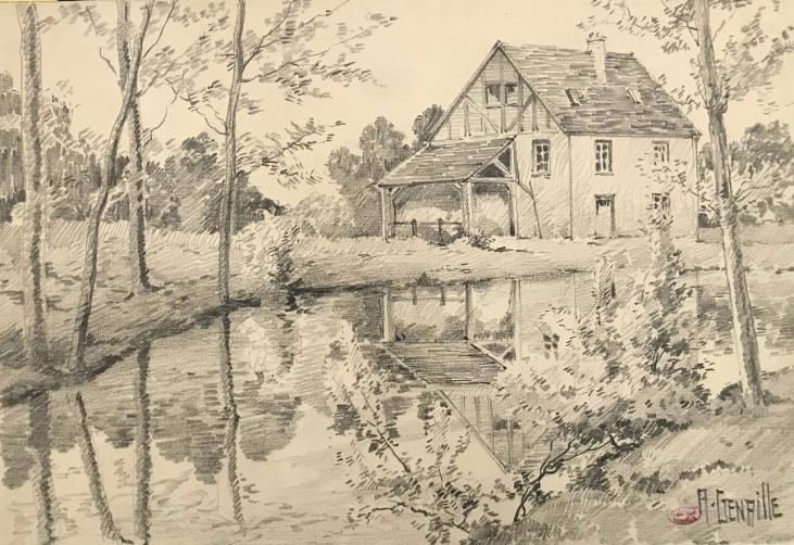 Alexandre Genaille - Dessin original - Crayon - Moulin Grenat à Moigny-sur-Ecole