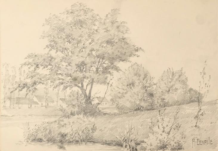 Alexandre Genaille - Dessin original - Crayon - Paysage au bord de la Marne 1