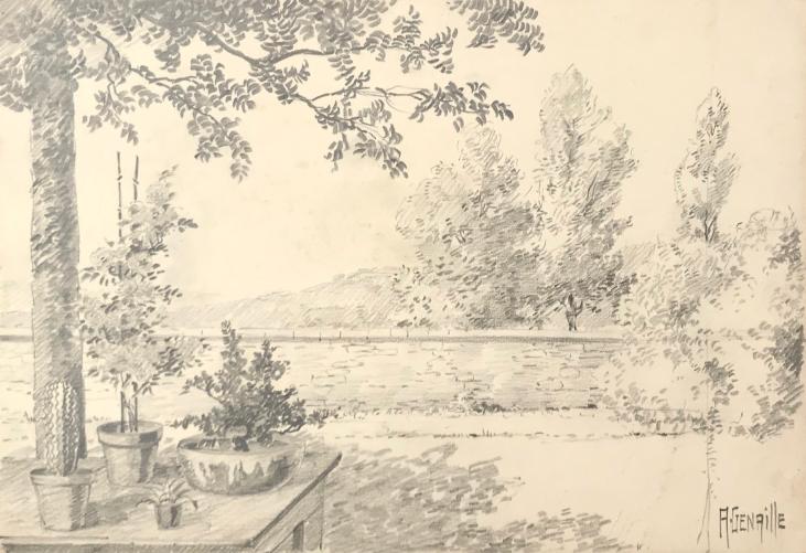 Alexandre Genaille - Dessin original - Crayon - Terrasse fleurie