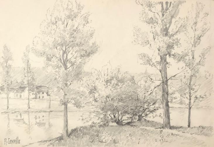 Alexandre Genaille - Dessin original - Crayon - Paysage au bord de la Marne 3