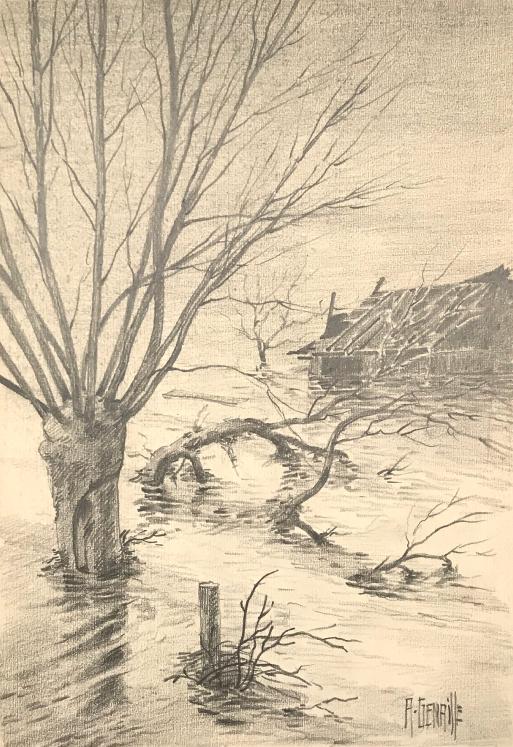 Alexandre Genaille - Dessin original - Crayon - Inondation