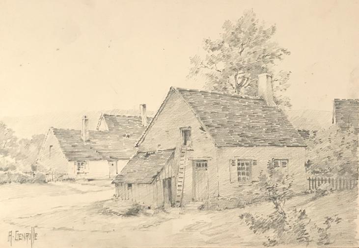 Alexandre Genaille - Dessin original - Crayon - Le village