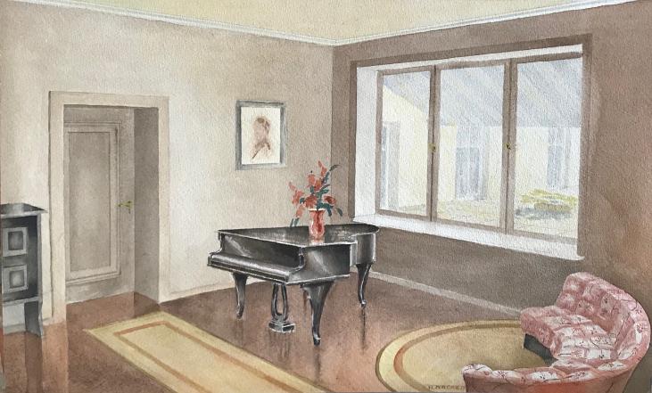 HansNACKE - Peinture originale - Aquarelle - Le salon piano 2