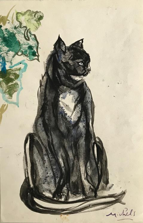 Janie Michels - Peinture originale - Gouache - Le chat noir