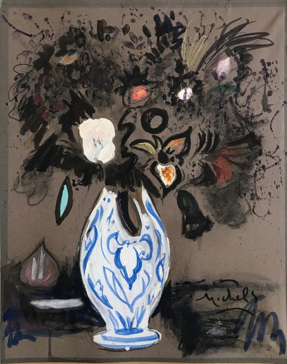 Janie Michels - Peinture originale - Gouache - Bouquet à la tête de loup