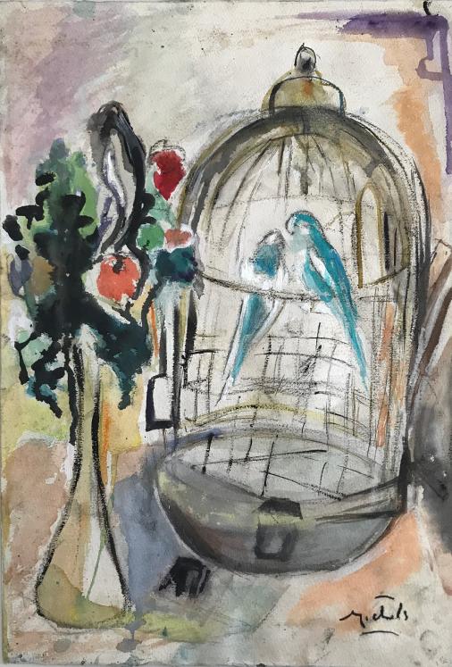 Janie Michels - Peinture originale - Gouache - La cage aux oiseaux