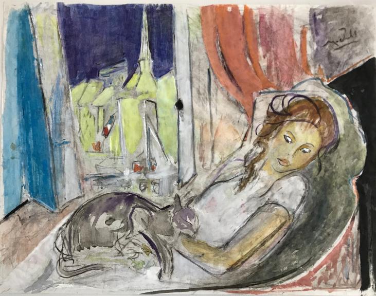 Janie Michels - Peinture originale - Gouache - La rêveuse au chat